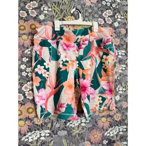 LIVE WELL Women's XL Floral Biker Shorts Green Pink Orange Workout Athletic